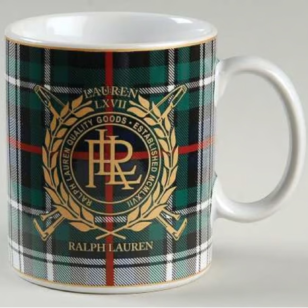 Ralph Lauren Green Tartan Mug with Gold Emblem